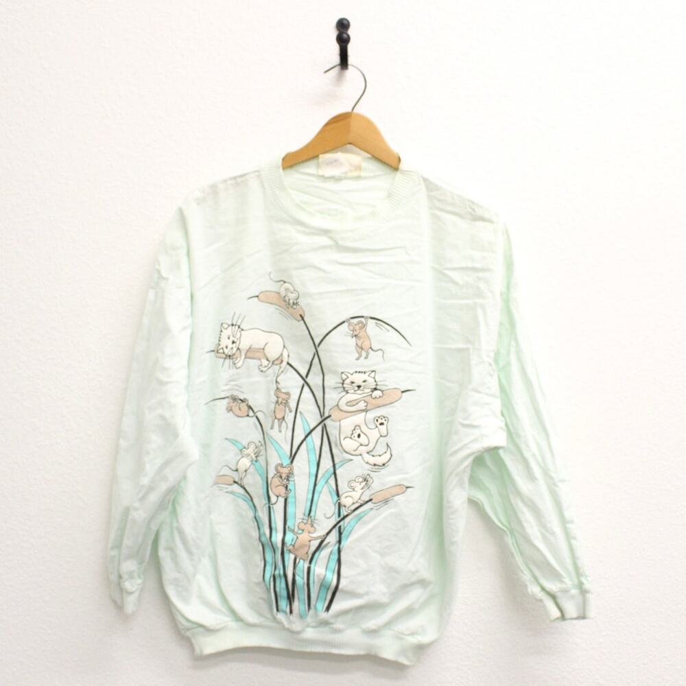 Vintage Kitty Cats Mice Cattails Long Sleeve T Shirt Large